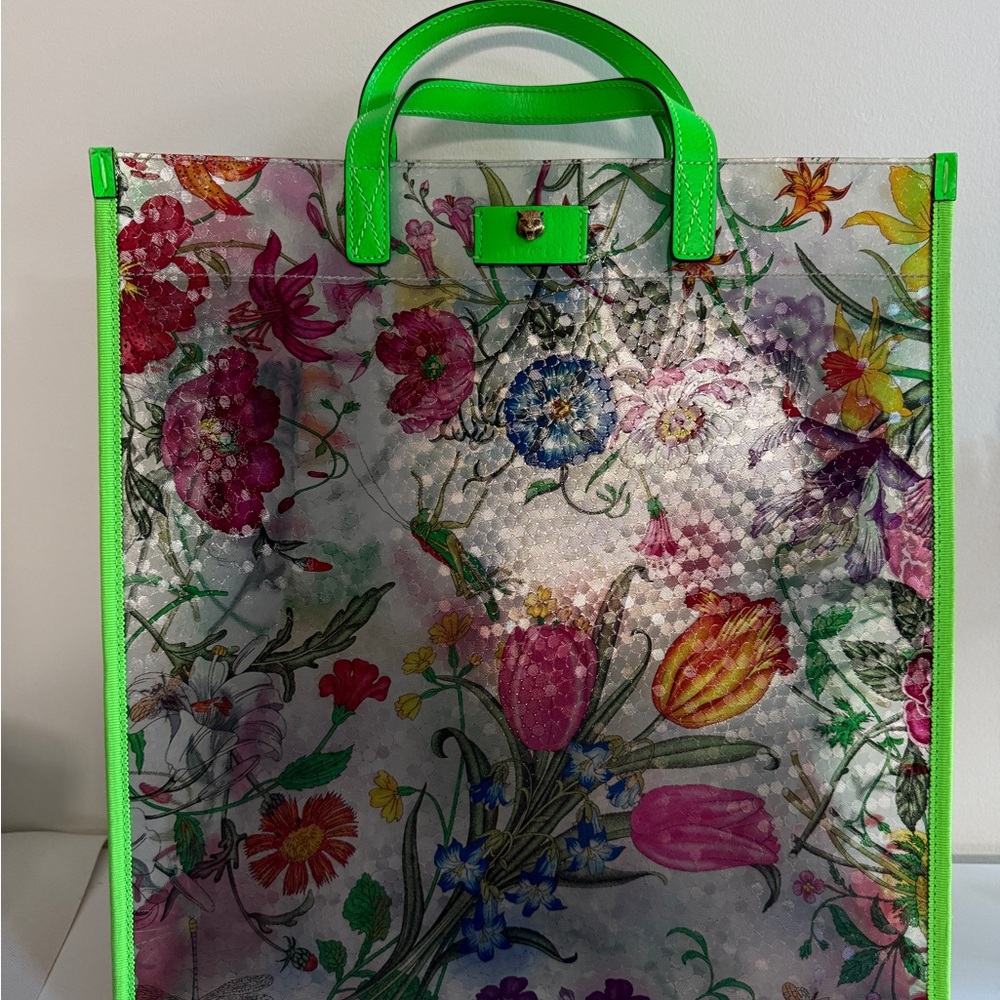 Green Floral Tote Bag with Transparent Design